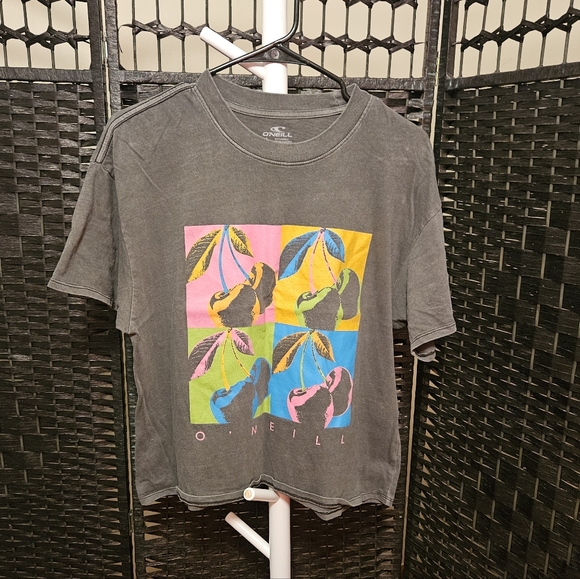 O'Neill Tops - O'Neill Boxy Crop In An Andy Warhol Style Graphic Cherry Print Green Orange Blue